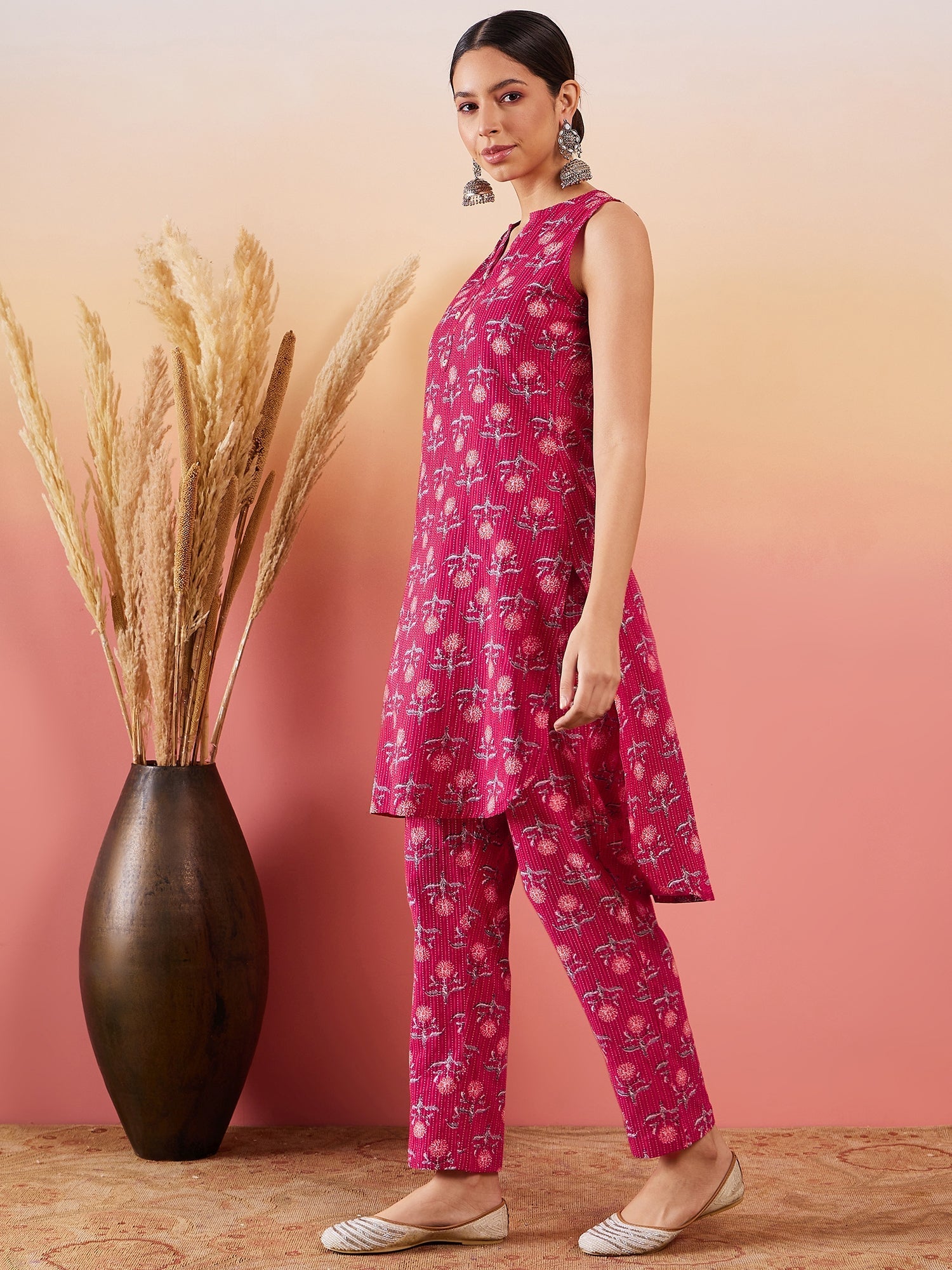 InWeave Red Kantha Print Mandarin V Neck Button Kurta Pant Set