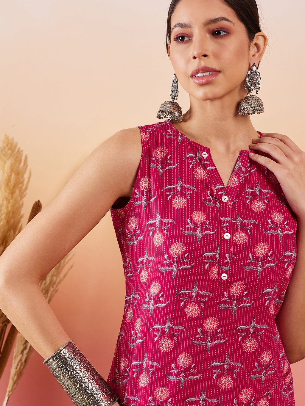 InWeave Red Kantha Print Mandarin V Neck Button Kurta Pant Set