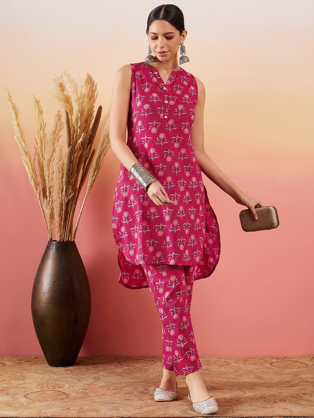 InWeave Red Kantha Print Mandarin V Neck Button Kurta Pant Set
