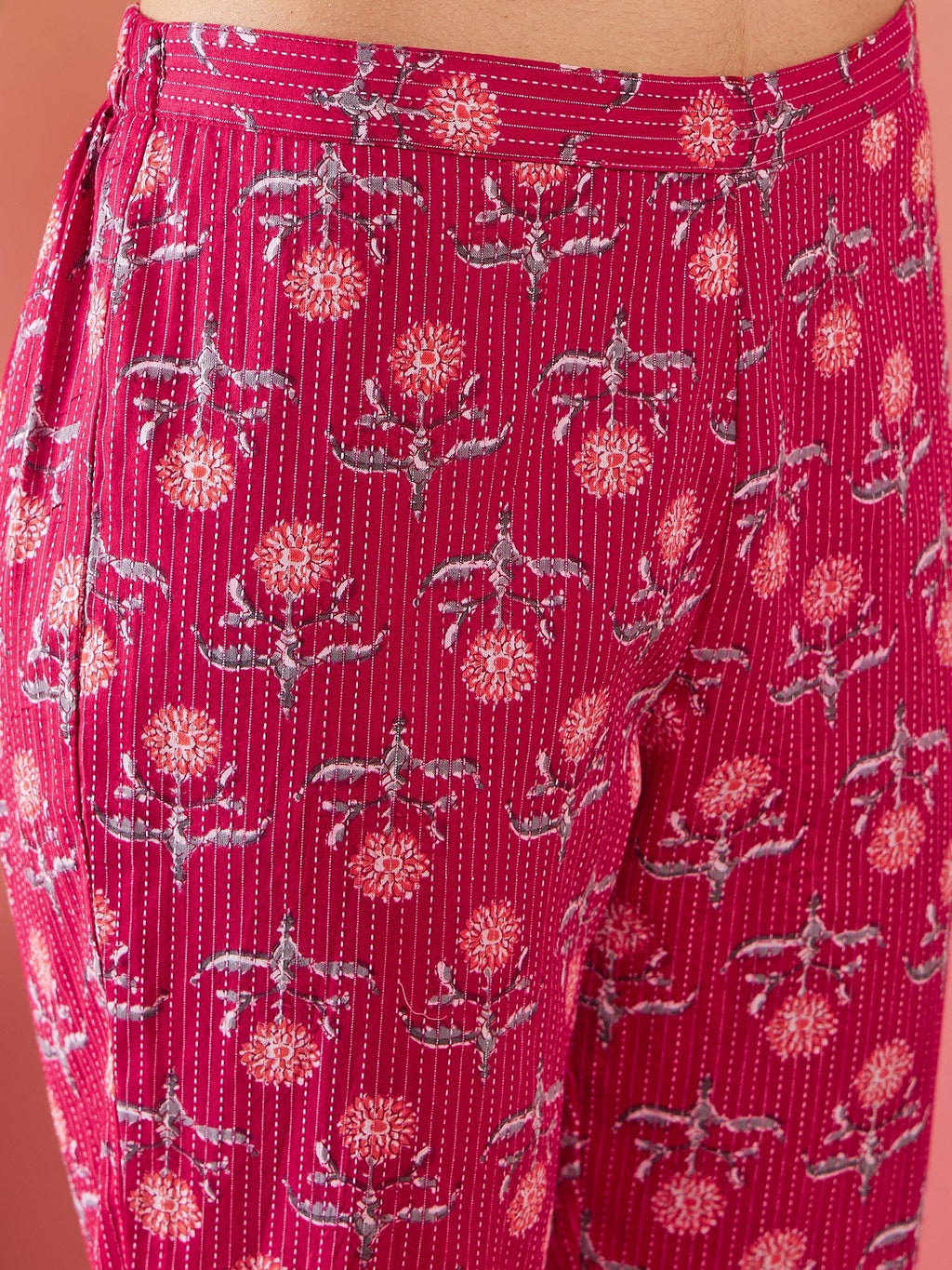 InWeave Red Kantha Print Mandarin V Neck Button Kurta Pant Set