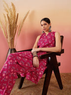 InWeave Red Kantha Print Mandarin V Neck Button Kurta Pant Set