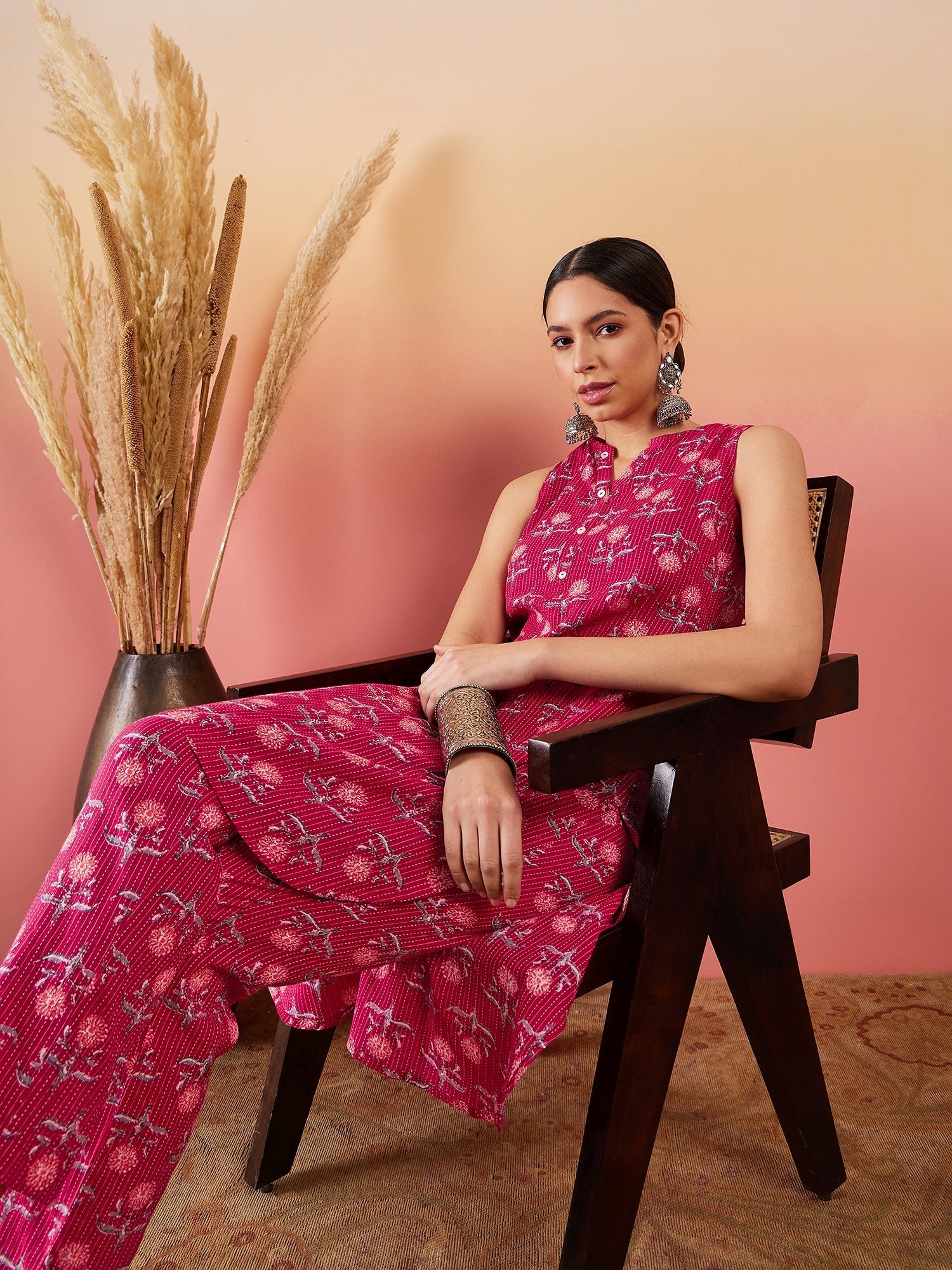InWeave Red Kantha Print Mandarin V Neck Button Kurta Pant Set