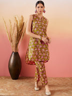 InWeave Lime Green Lurex Print Mandarin V Neck Button Kurta Pant Set - Distacart