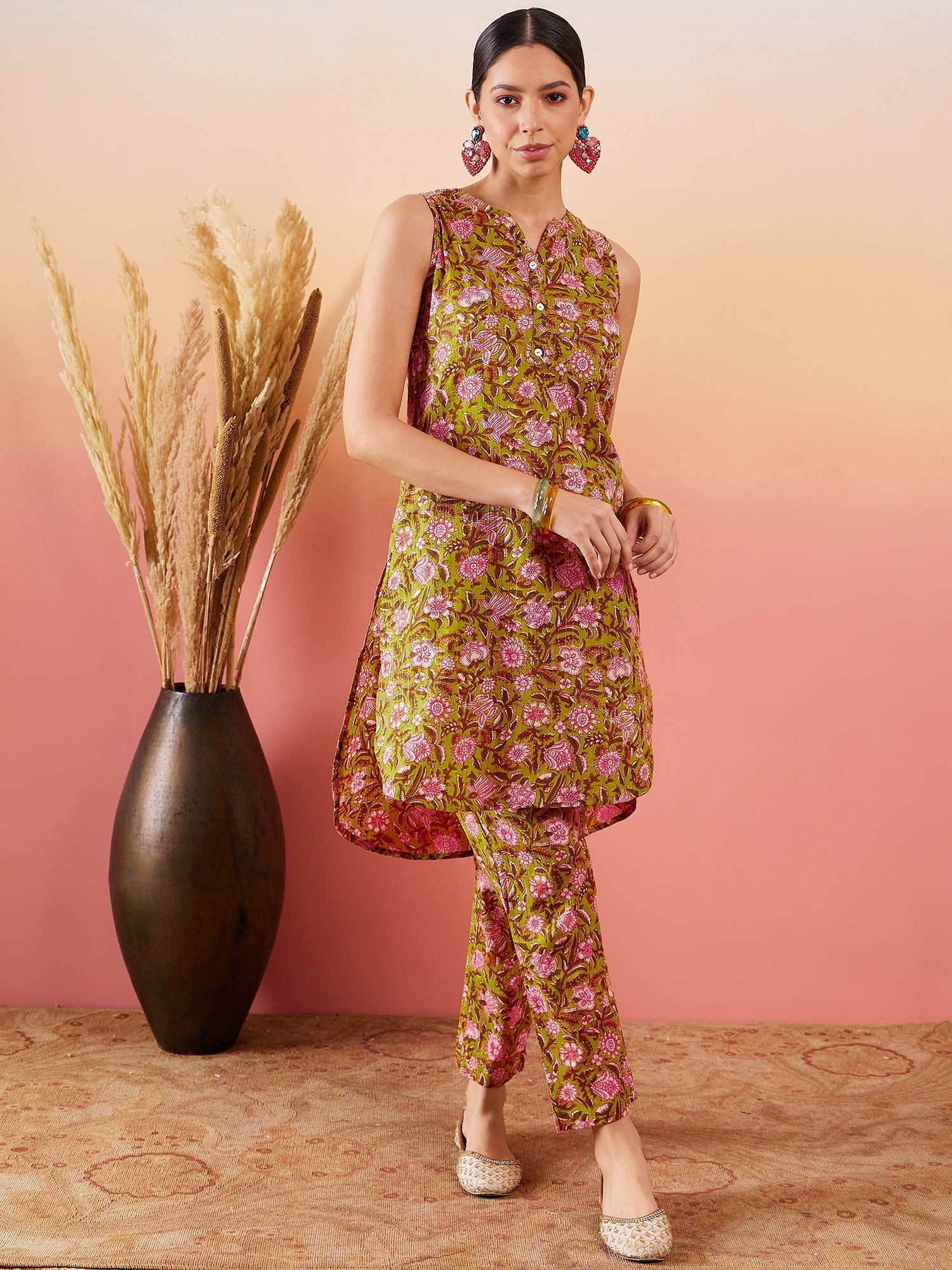 InWeave Lime Green Lurex Print Mandarin V Neck Button Kurta Pant Set - Distacart