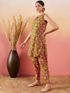 InWeave Lime Green Lurex Print Mandarin V Neck Button Kurta Pant Set - Distacart