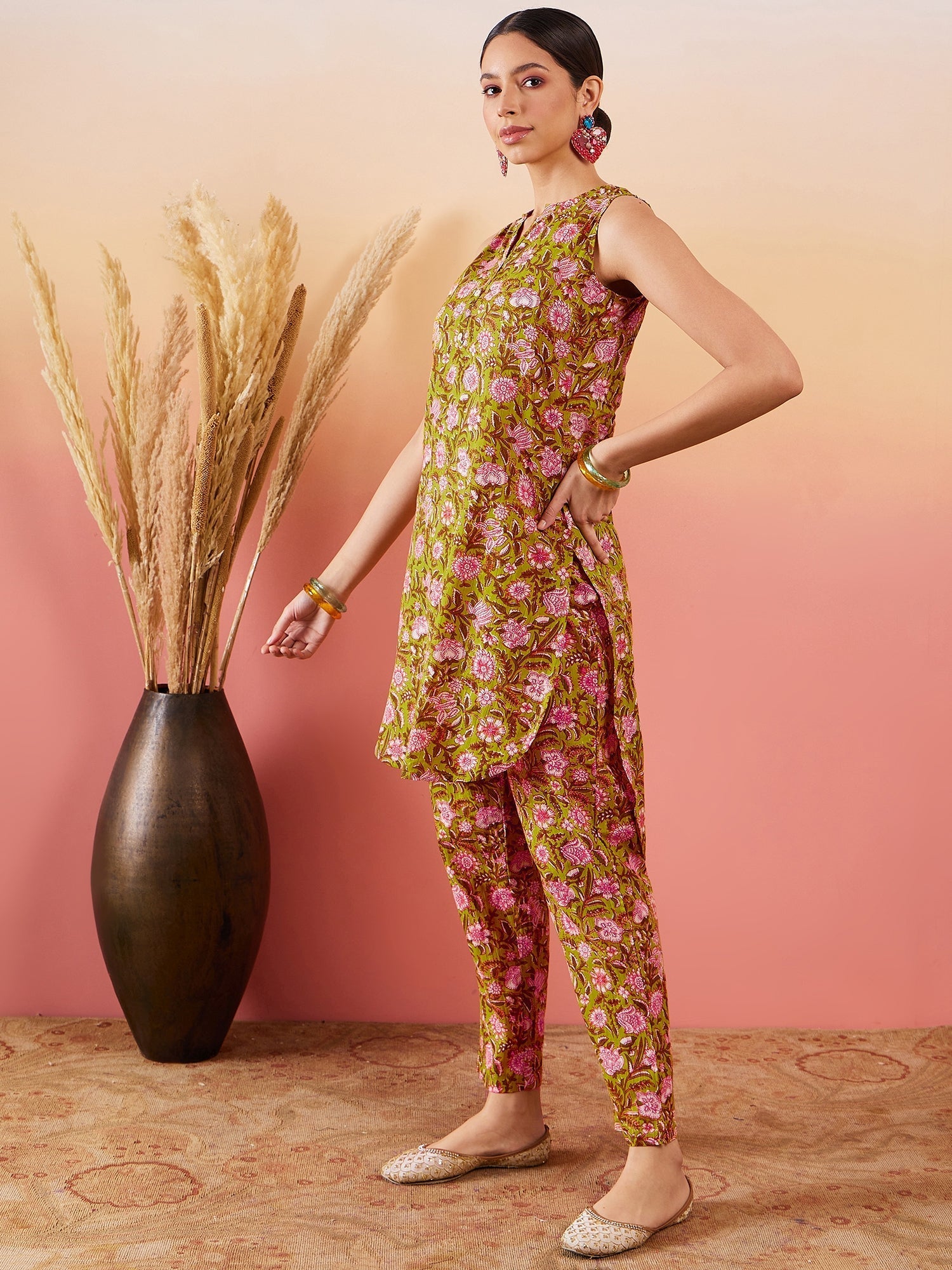 InWeave Lime Green Lurex Print Mandarin V Neck Button Kurta Pant Set - Distacart