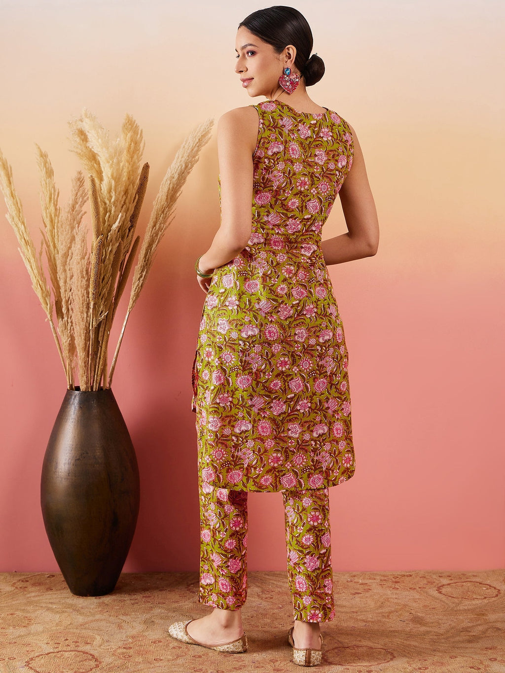 InWeave Lime Green Lurex Print Mandarin V Neck Button Kurta Pant Set - Distacart