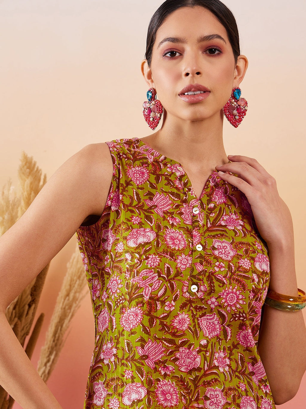 InWeave Lime Green Lurex Print Mandarin V Neck Button Kurta Pant Set - Distacart