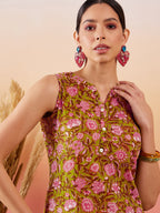 InWeave Lime Green Lurex Print Mandarin V Neck Button Kurta Pant Set - Distacart
