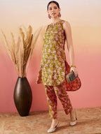 InWeave Lime Green Lurex Print Mandarin V Neck Button Kurta Pant Set - Distacart
