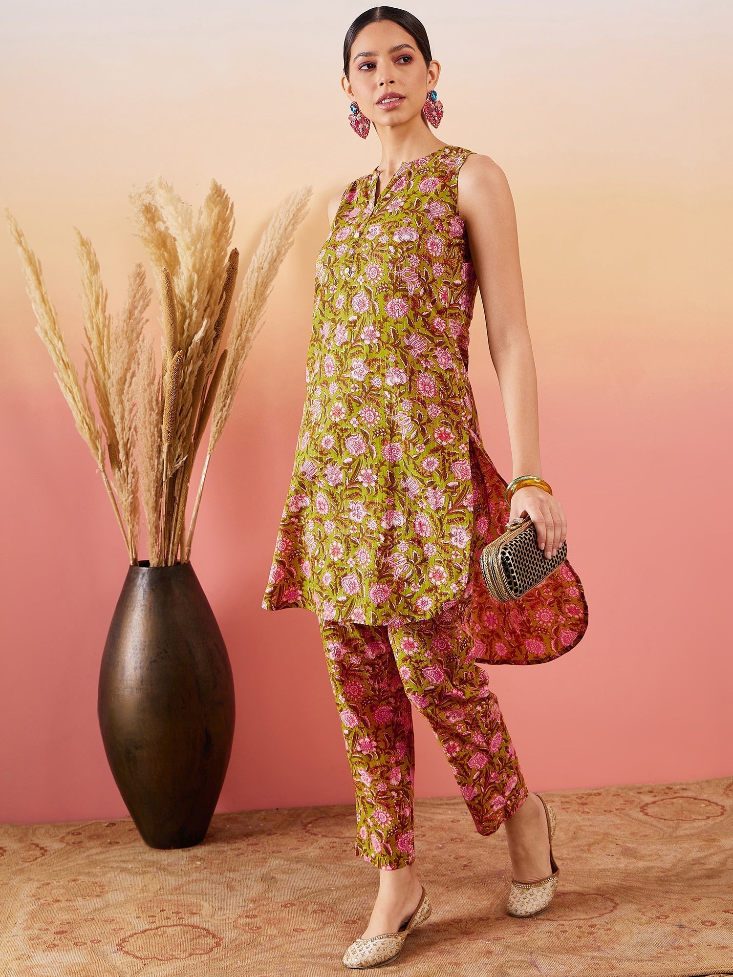 InWeave Lime Green Lurex Print Mandarin V Neck Button Kurta Pant Set - Distacart