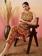 InWeave Lime Green Lurex Print Mandarin V Neck Button Kurta Pant Set - Distacart