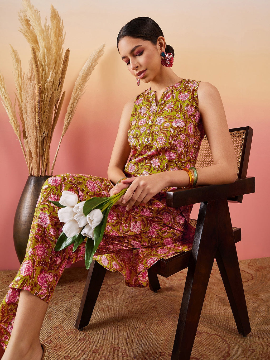 InWeave Lime Green Lurex Print Mandarin V Neck Button Kurta Pant Set - Distacart