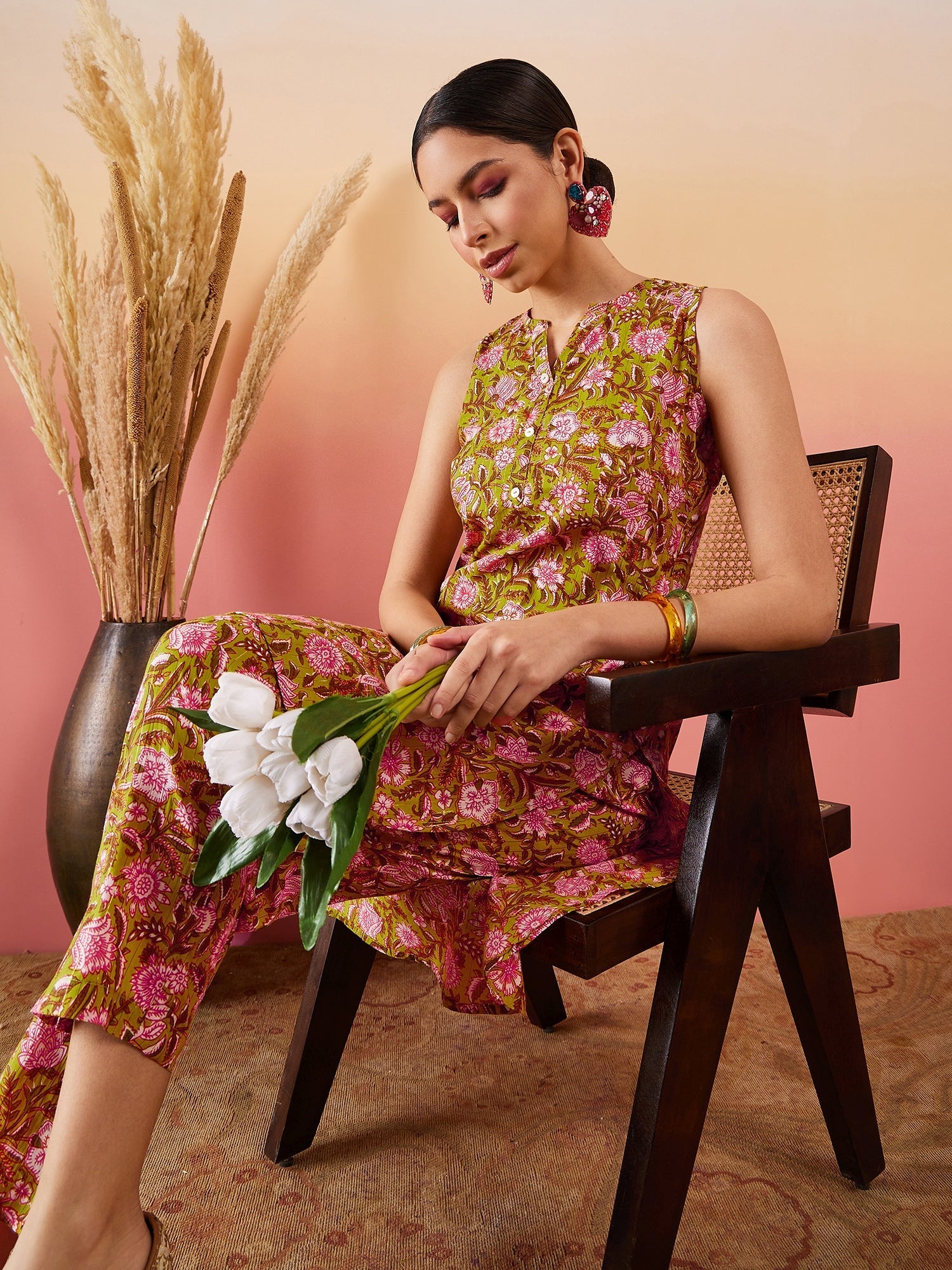InWeave Lime Green Lurex Print Mandarin V Neck Button Kurta Pant Set - Distacart