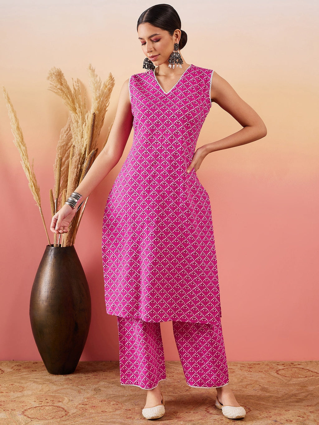 InWeave Pink Pyramid Kantha V Neck Lace Work Kurta Palazzo Set