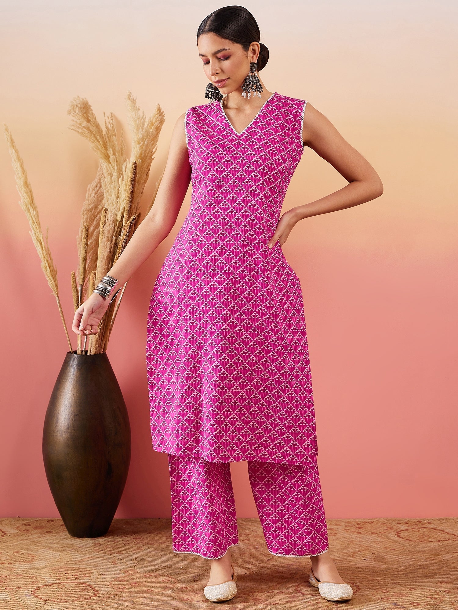 InWeave Pink Pyramid Kantha V Neck Lace Work Kurta Palazzo Set