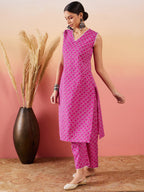 InWeave Pink Pyramid Kantha V Neck Lace Work Kurta Palazzo Set