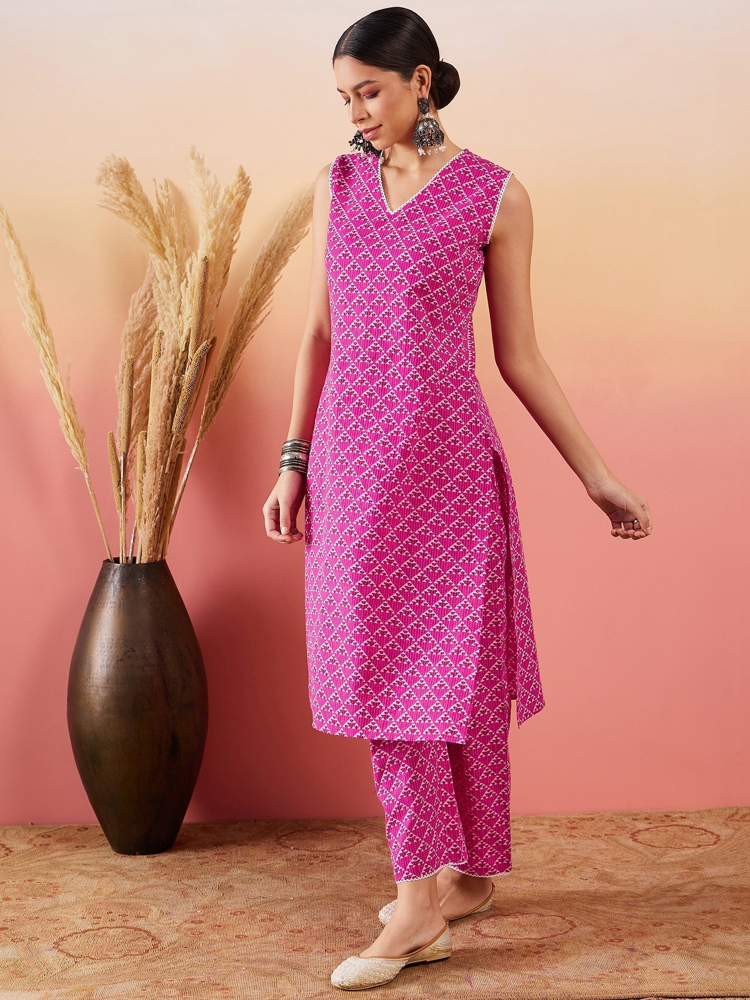 InWeave Pink Pyramid Kantha V Neck Lace Work Kurta Palazzo Set