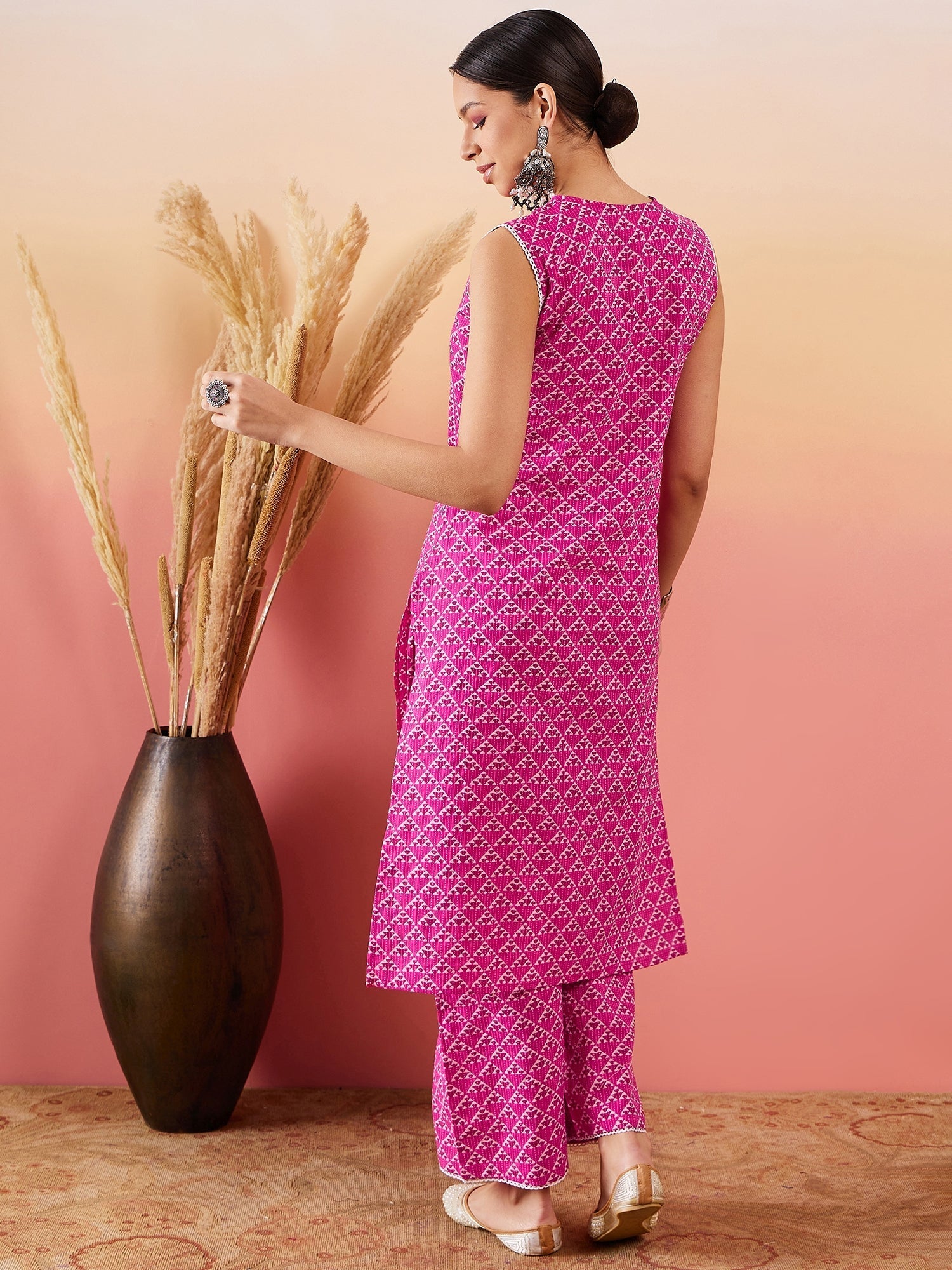 InWeave Pink Pyramid Kantha V Neck Lace Work Kurta Palazzo Set