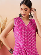 InWeave Pink Pyramid Kantha V Neck Lace Work Kurta Palazzo Set