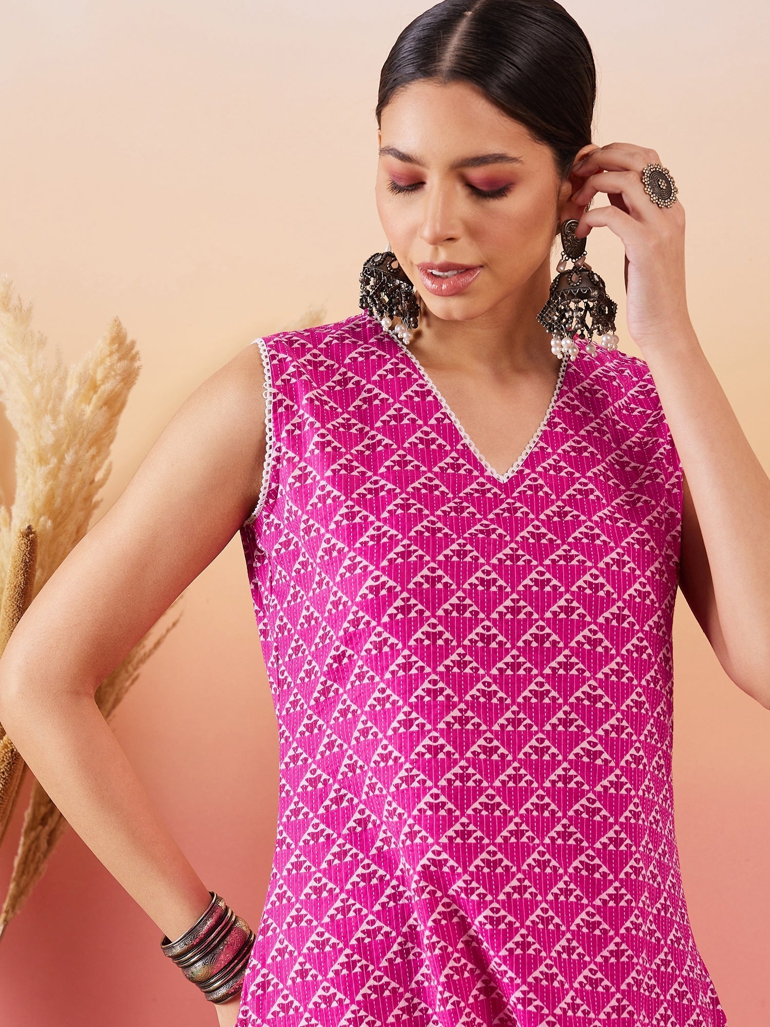 InWeave Pink Pyramid Kantha V Neck Lace Work Kurta Palazzo Set