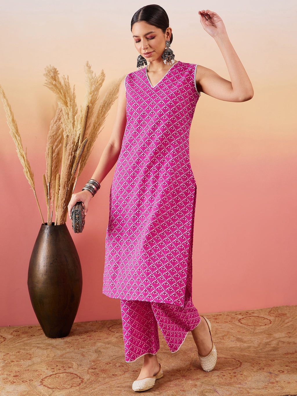 InWeave Pink Pyramid Kantha V Neck Lace Work Kurta Palazzo Set