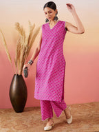 InWeave Pink Pyramid Kantha V Neck Lace Work Kurta Palazzo Set