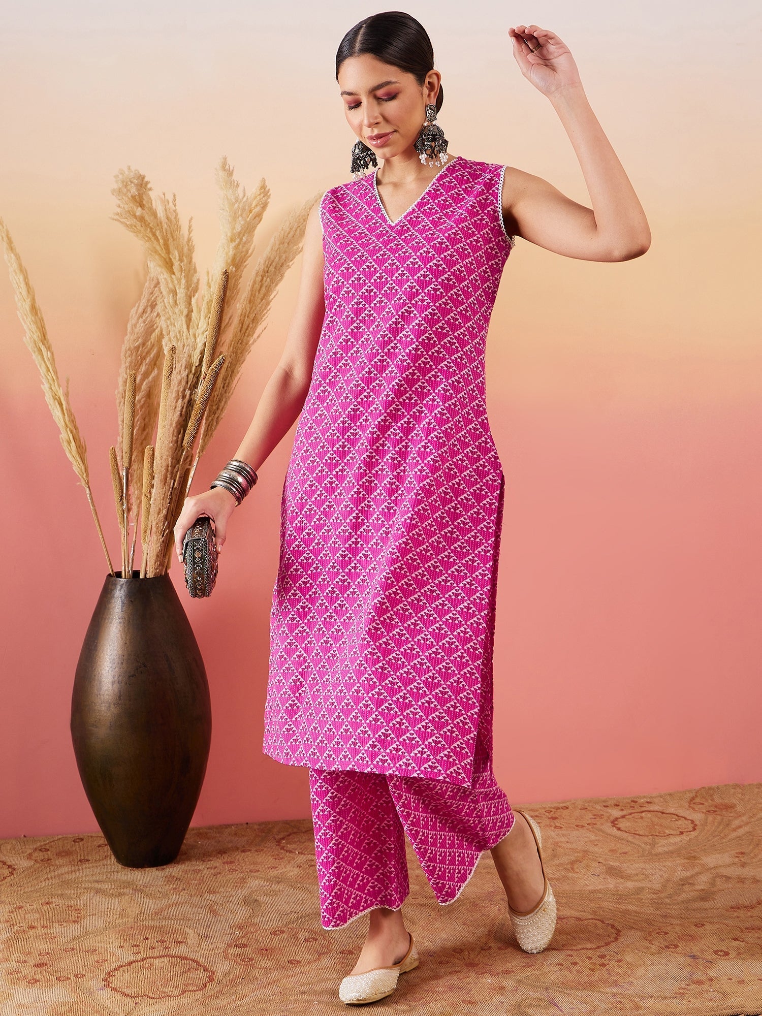 InWeave Pink Pyramid Kantha V Neck Lace Work Kurta Palazzo Set