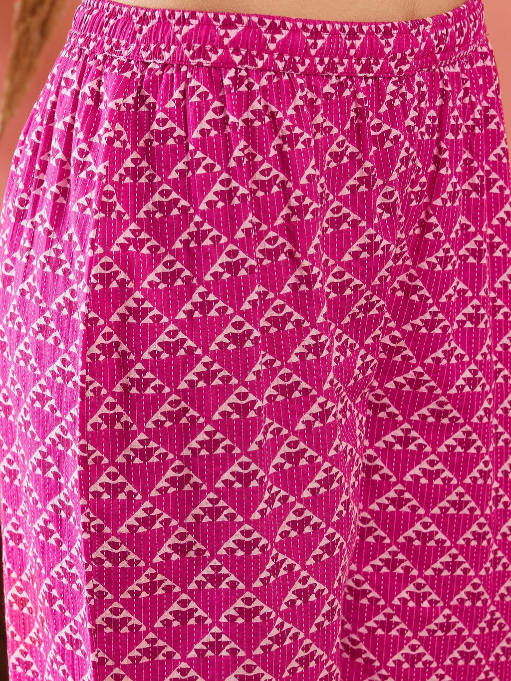 InWeave Pink Pyramid Kantha V Neck Lace Work Kurta Palazzo Set