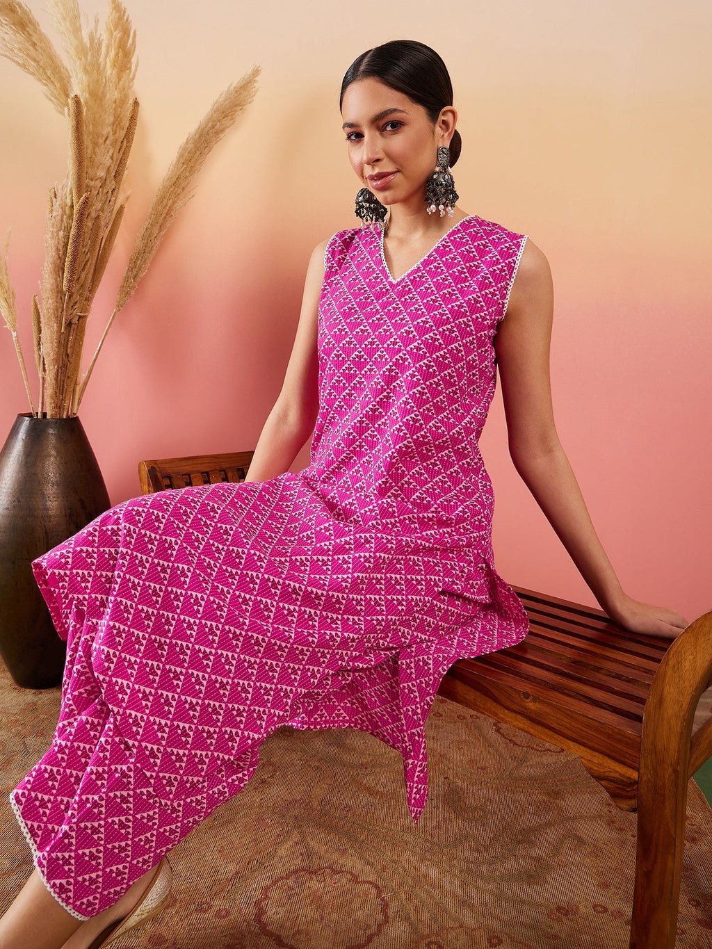 InWeave Pink Pyramid Kantha V Neck Lace Work Kurta Palazzo Set