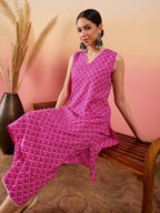 InWeave Pink Pyramid Kantha V Neck Lace Work Kurta Palazzo Set