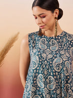 InWeave Slate Grey Paisley Round Neck Kurta Short Palazzo Set