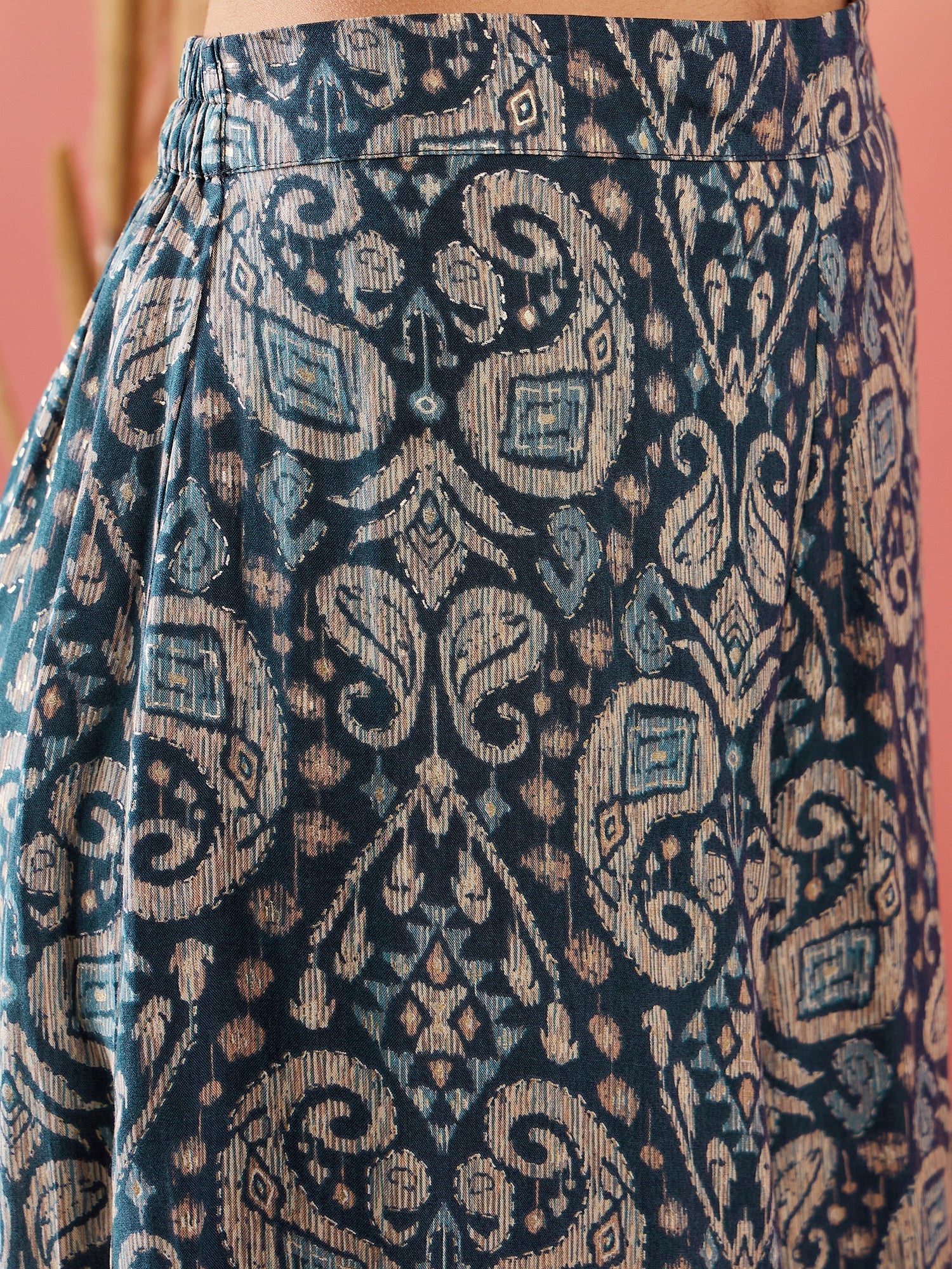 InWeave Slate Grey Paisley Round Neck Kurta Short Palazzo Set
