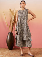 InWeave Dull Brown Paisley Round Neck Kurta Short Palazzo Set