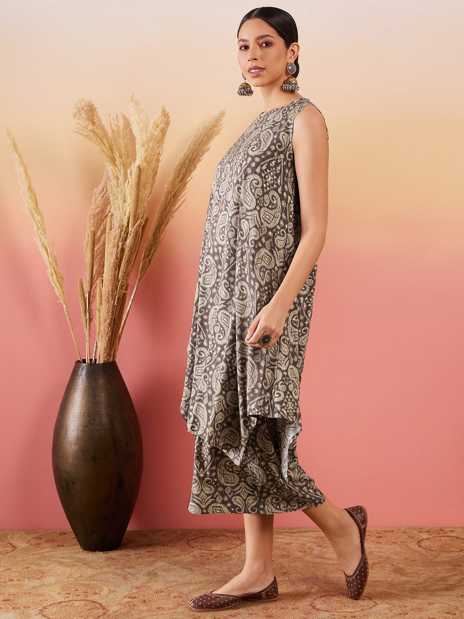 InWeave Dull Brown Paisley Round Neck Kurta Short Palazzo Set