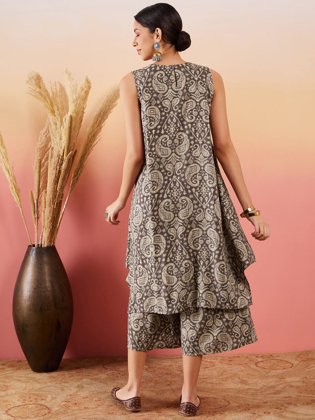 InWeave Dull Brown Paisley Round Neck Kurta Short Palazzo Set