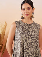 InWeave Dull Brown Paisley Round Neck Kurta Short Palazzo Set