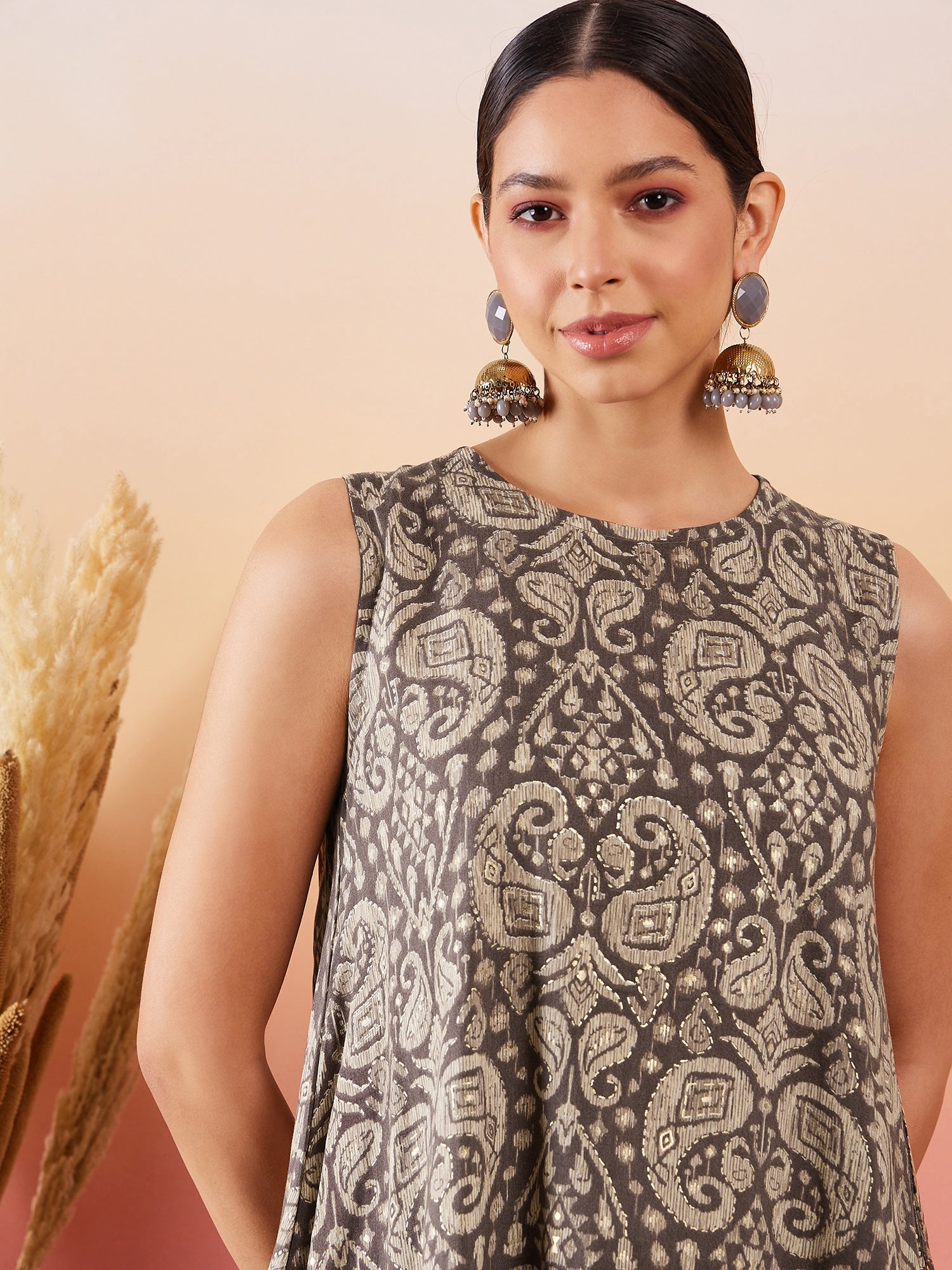 InWeave Dull Brown Paisley Round Neck Kurta Short Palazzo Set