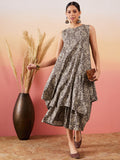 InWeave Dull Brown Paisley Round Neck Kurta Short Palazzo Set