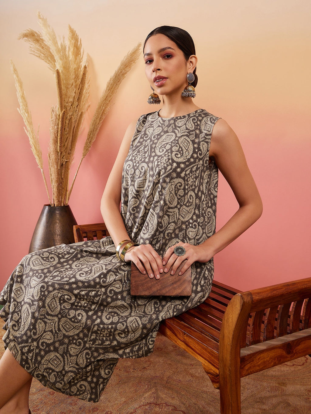 InWeave Dull Brown Paisley Round Neck Kurta Short Palazzo Set