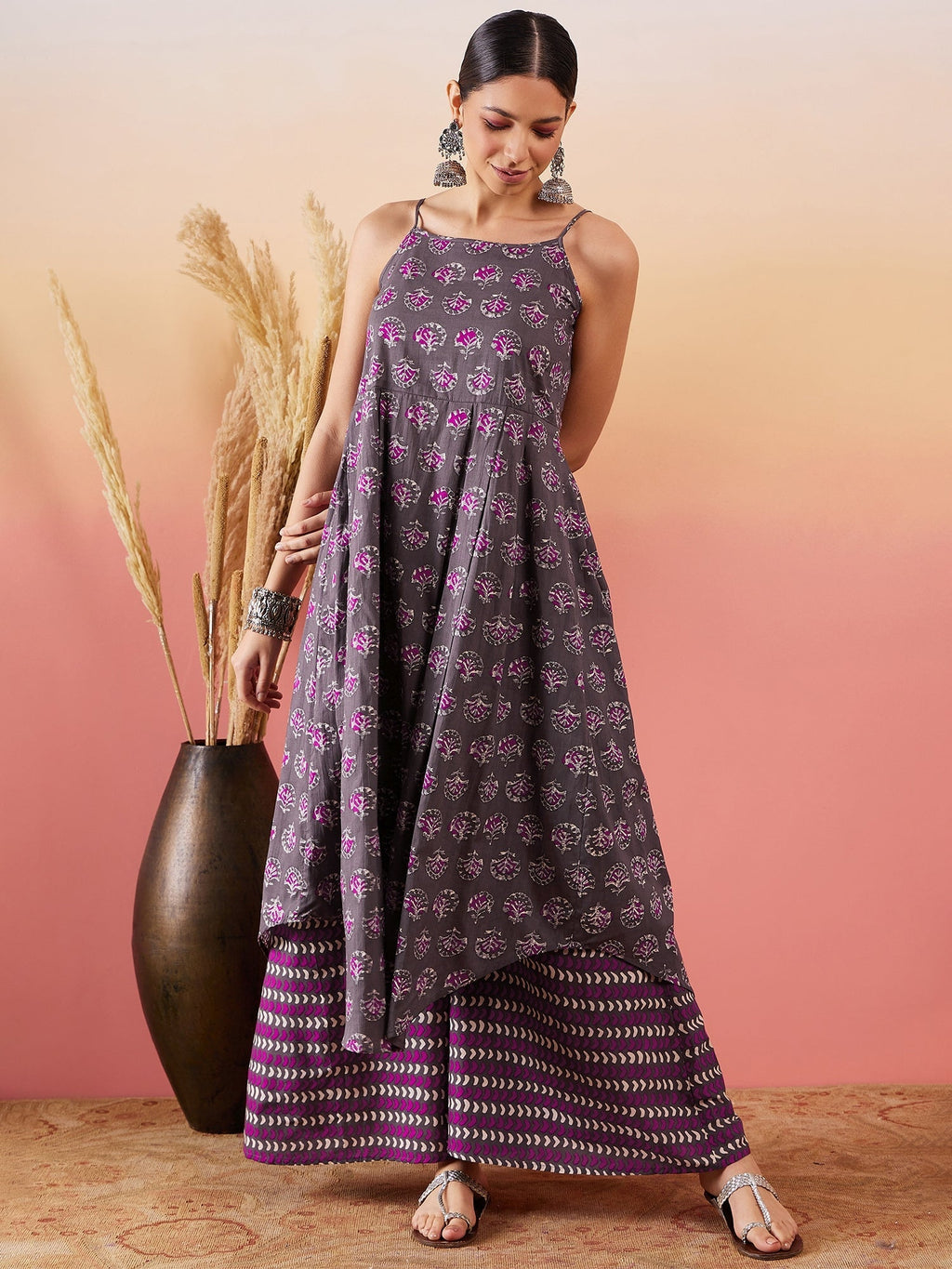 InWeave Iron Grey Floral Boota Print Strappy Printed Palazzo Set - Distacart
