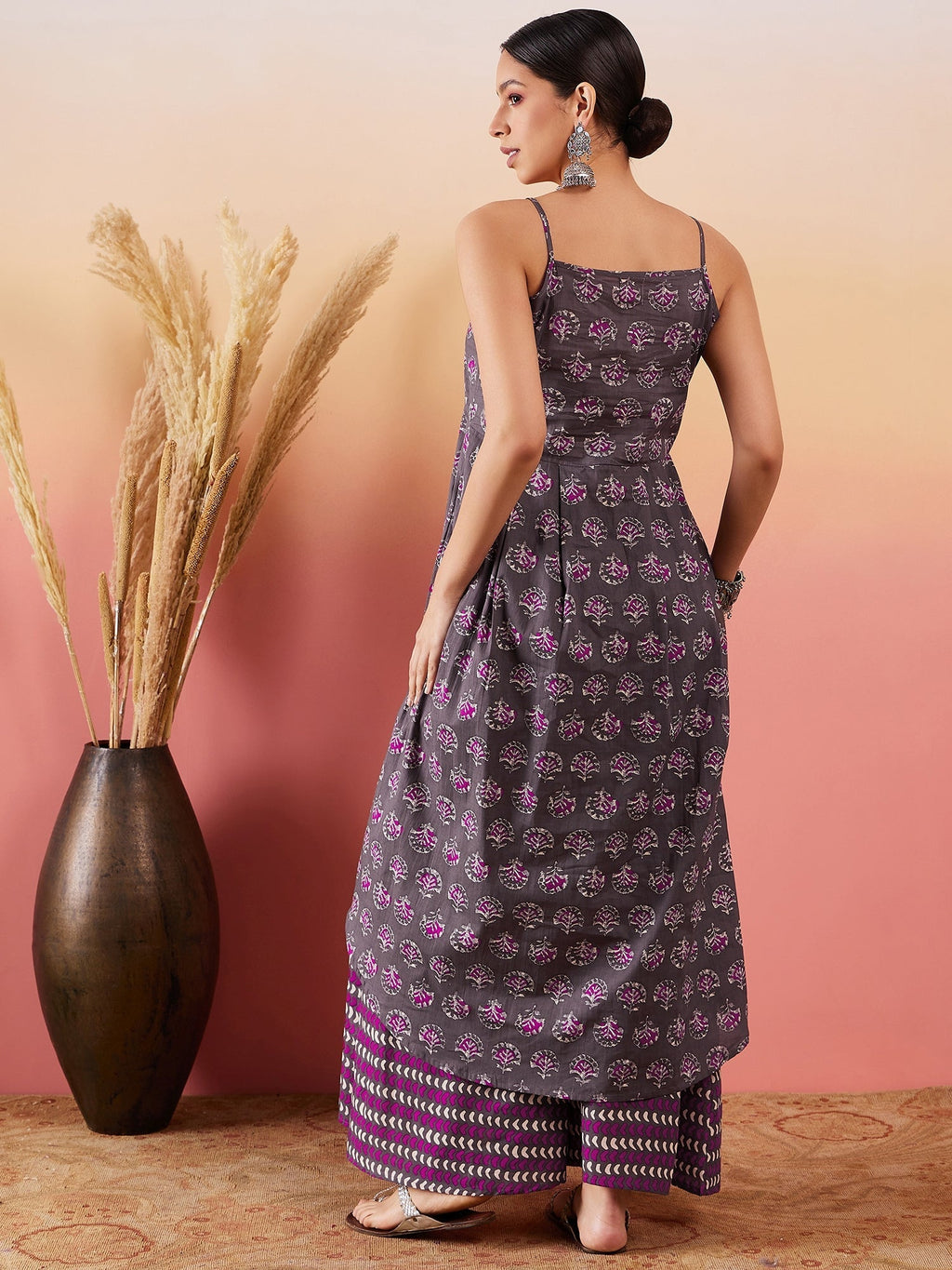 InWeave Iron Grey Floral Boota Print Strappy Printed Palazzo Set - Distacart