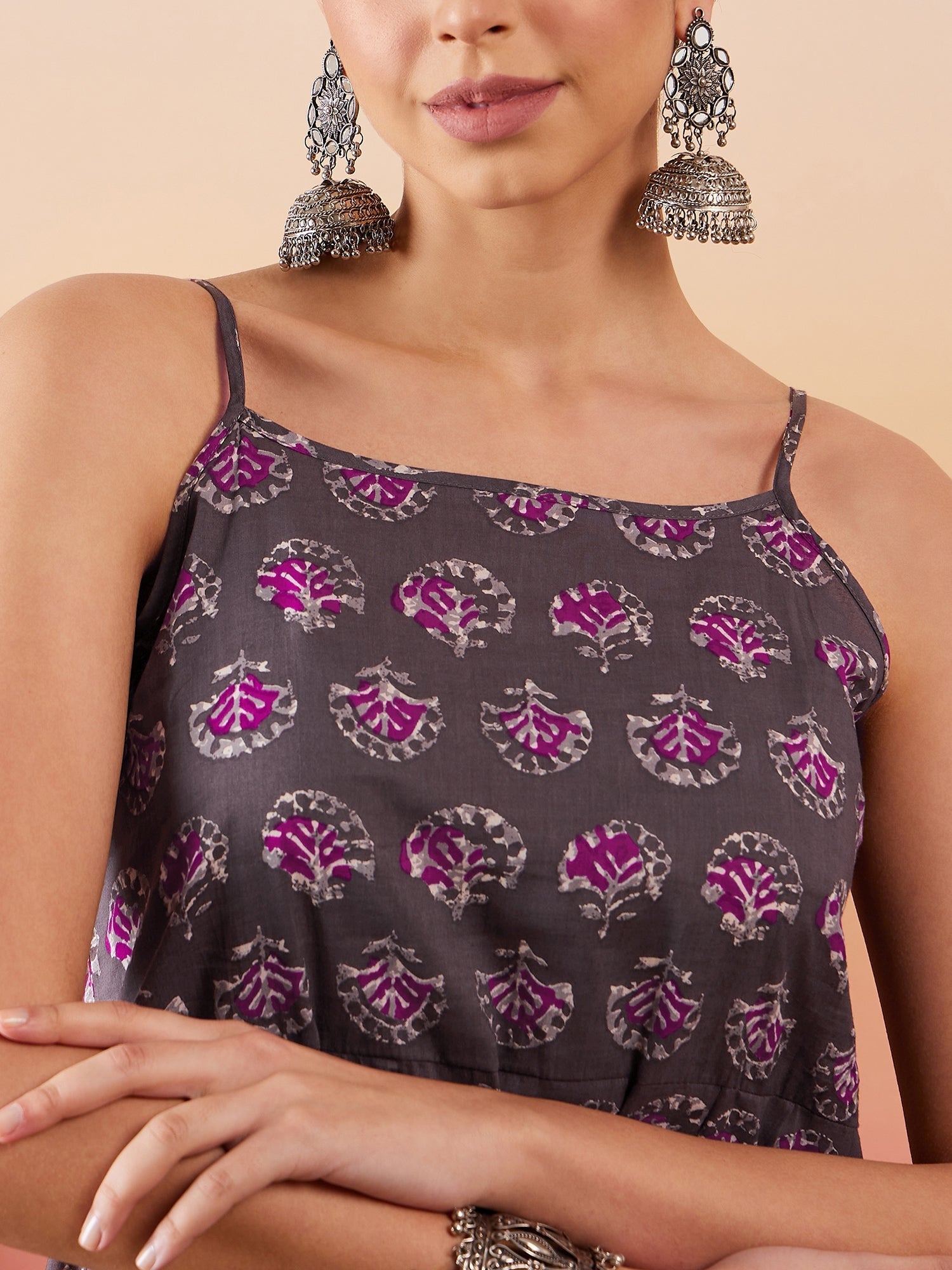 InWeave Iron Grey Floral Boota Print Strappy Printed Palazzo Set - Distacart