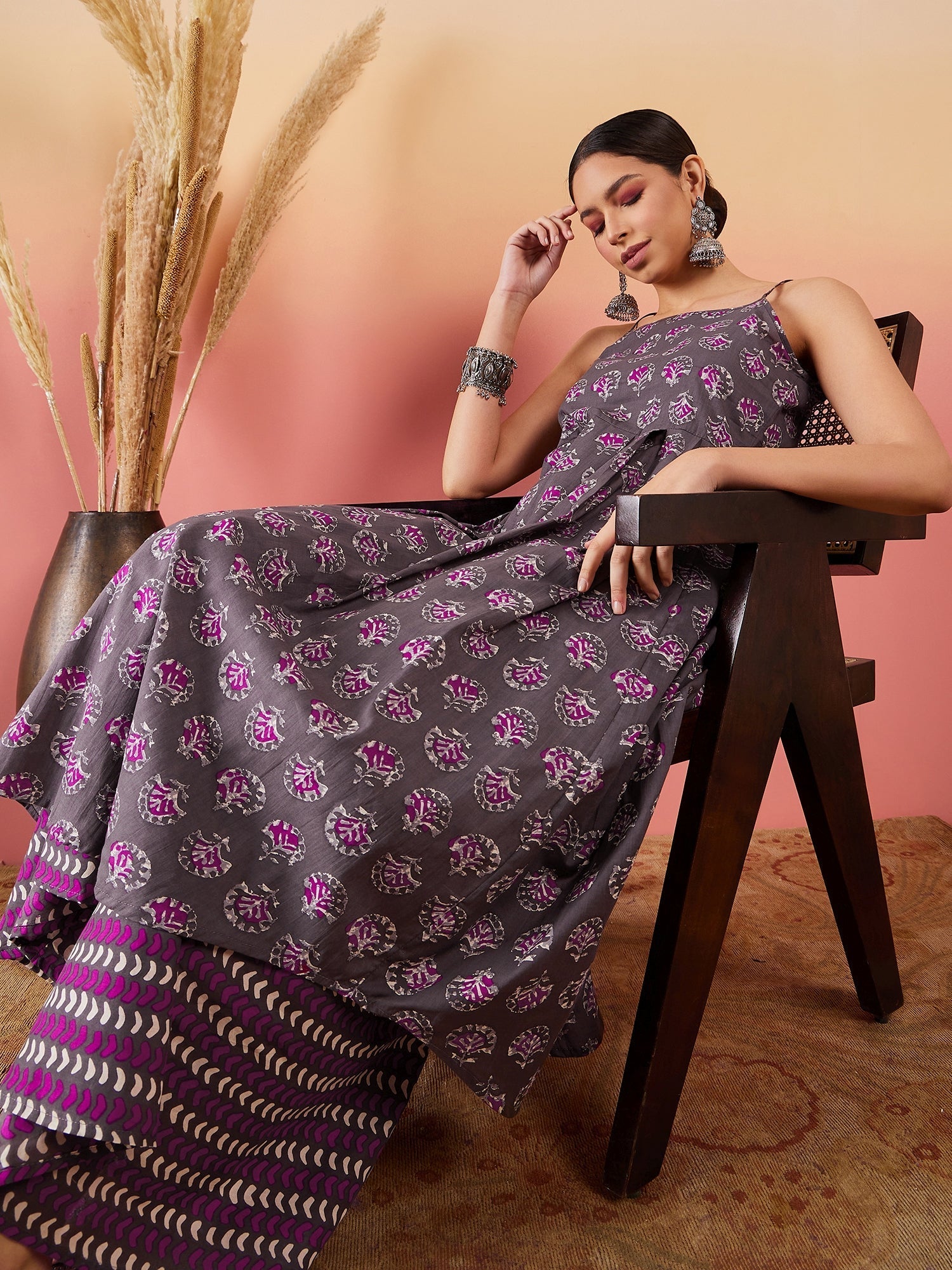 InWeave Iron Grey Floral Boota Print Strappy Printed Palazzo Set - Distacart