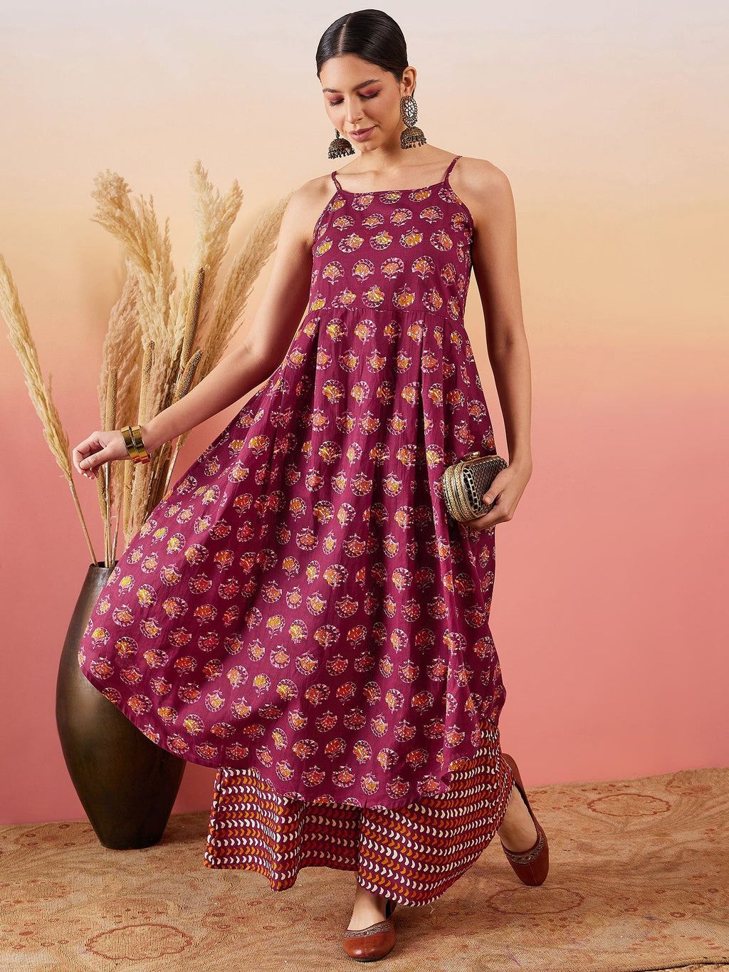 InWeave Burgundy Floral Boota Print Strappy Printed Palazzo Set