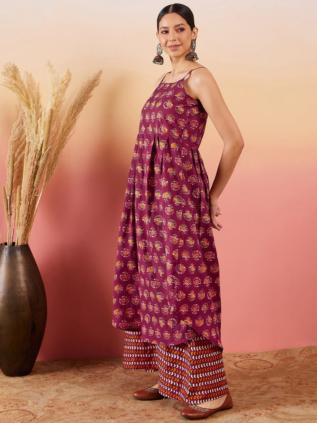InWeave Burgundy Floral Boota Print Strappy Printed Palazzo Set