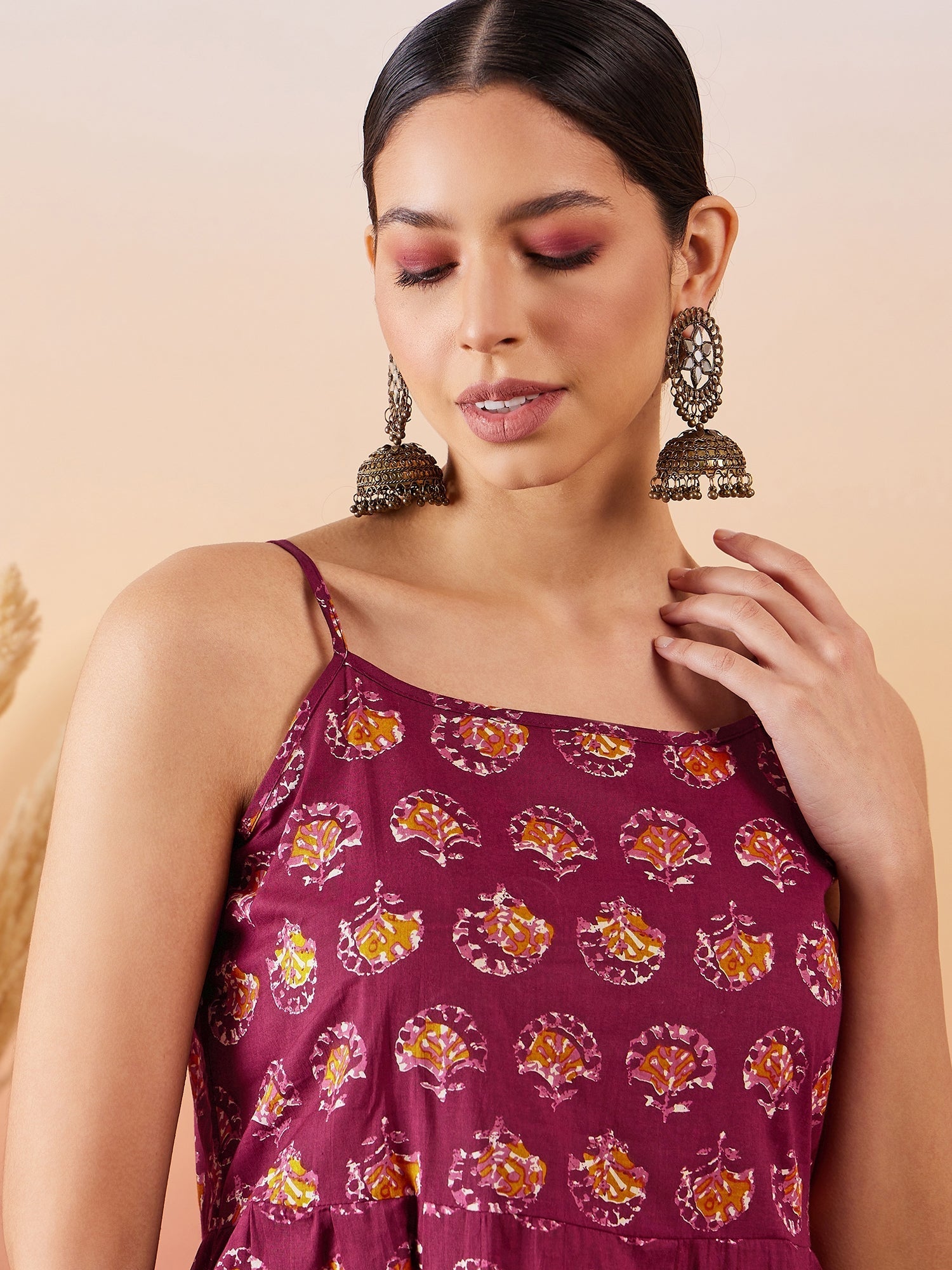 InWeave Burgundy Floral Boota Print Strappy Printed Palazzo Set