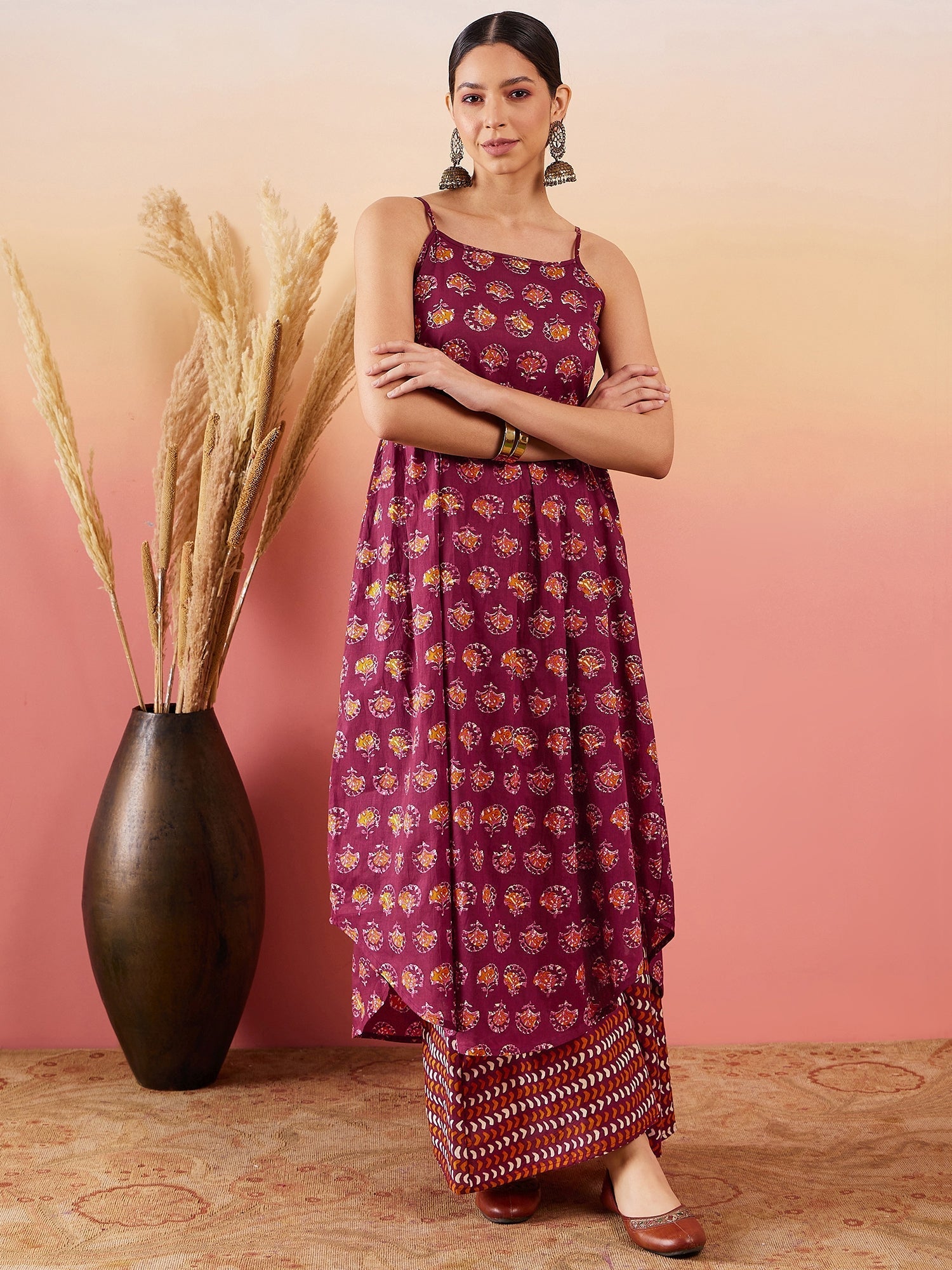 InWeave Burgundy Floral Boota Print Strappy Printed Palazzo Set