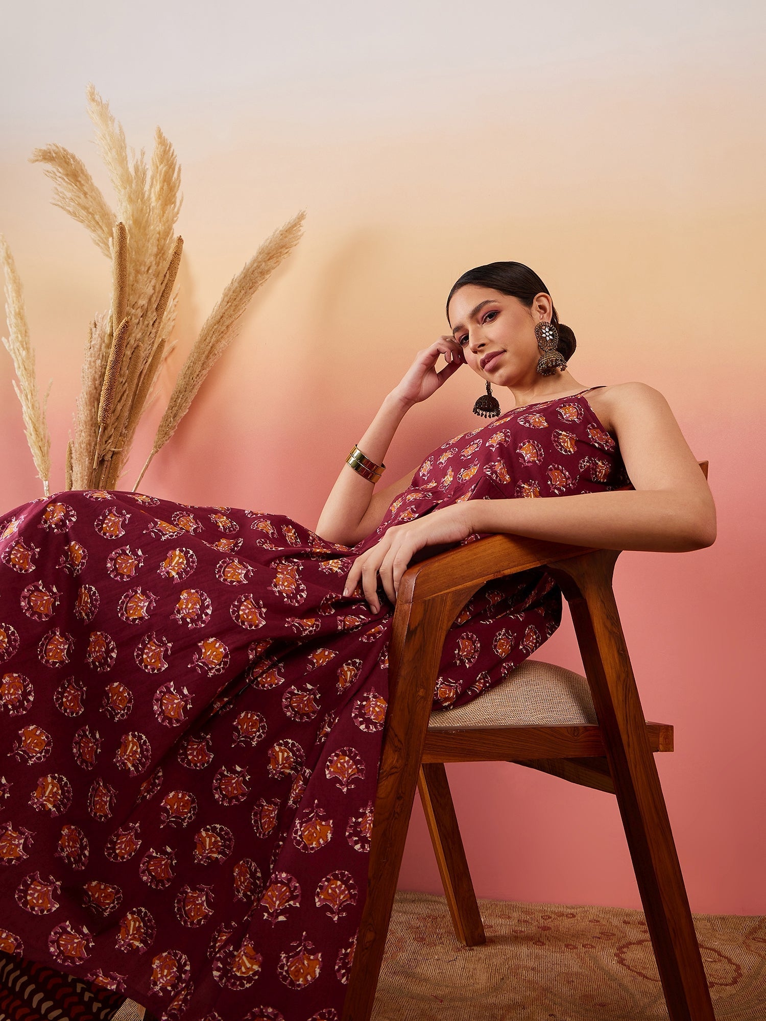 InWeave Burgundy Floral Boota Print Strappy Printed Palazzo Set