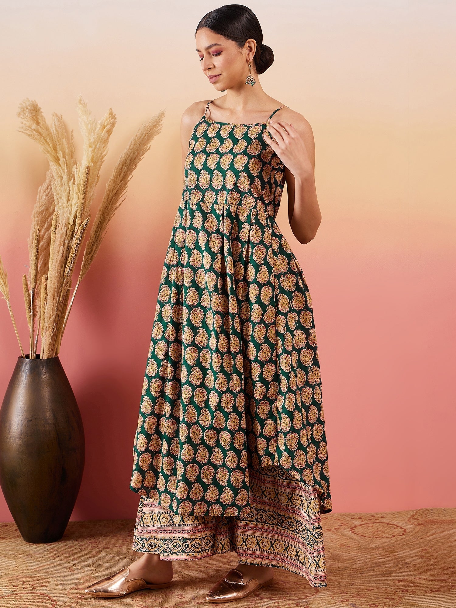 InWeave Dark Green Paisley Print Strappy Printed Palazzo Set - Distacart